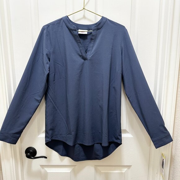 New Rev3 Tunic Blouse Women's Size S Navy Plum Center Back Pleat Stretch Office - Picture 1 of 14